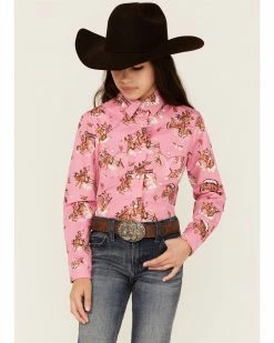 Panhandle Girls' Rodeo Horse Print Long Sleeve Western Snap Shirt Pink