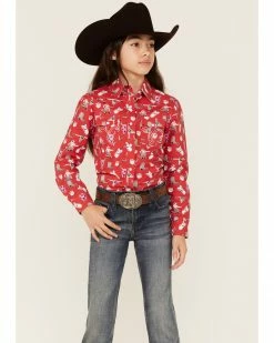 Panhandle Girls' Cowboy Steer Print Long Sleeve Western Snap Shirt Red 11 Panhandle Girls' Cowboy Steer Print Long Sleeve Western Snap Shirt Red -Panhandle shop 2000360963 600 P1 1