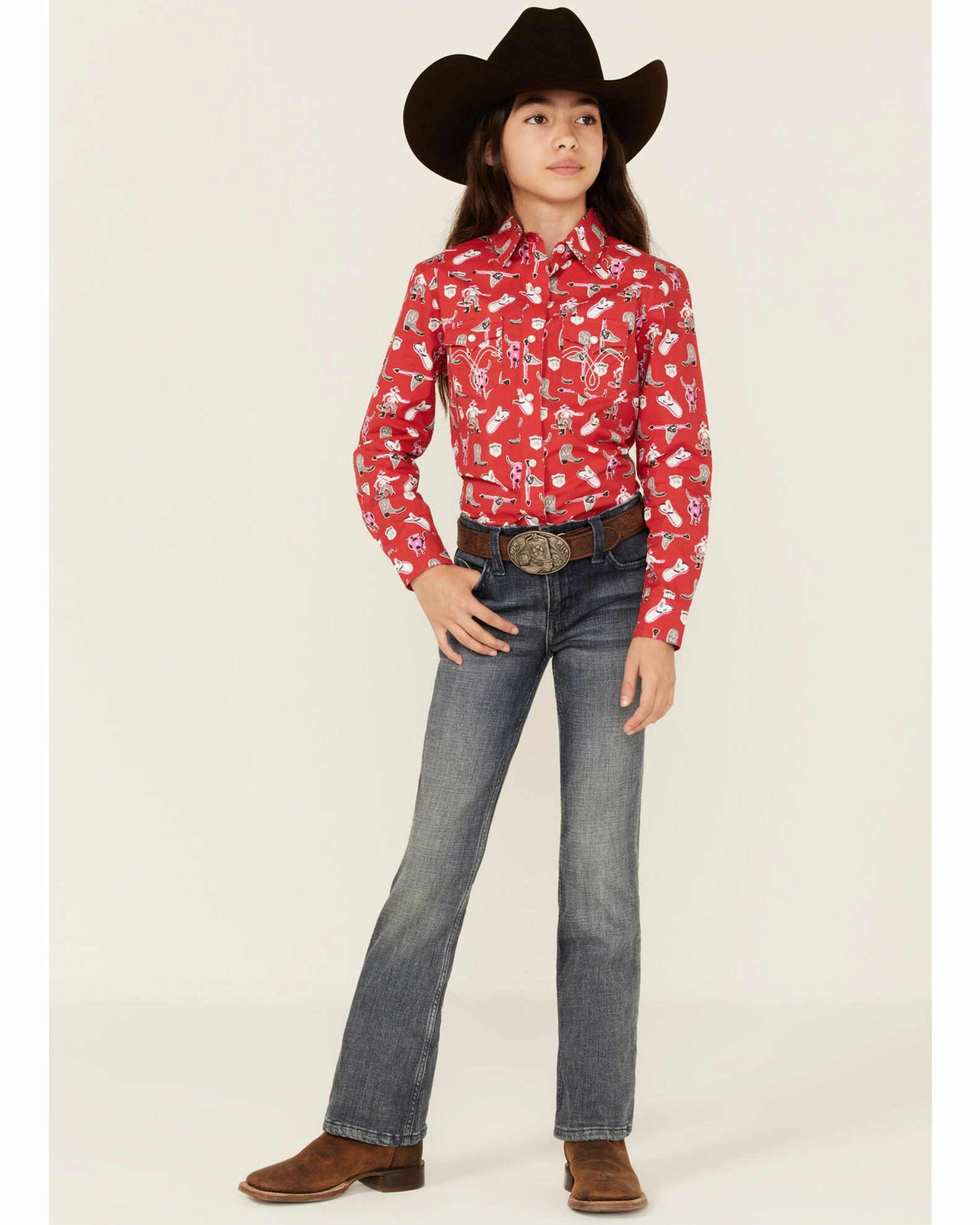 Panhandle Girls' Cowboy Steer Print Long Sleeve Western Snap Shirt Red 4 Panhandle Girls' Cowboy Steer Print Long Sleeve Western Snap Shirt Red - Image 2