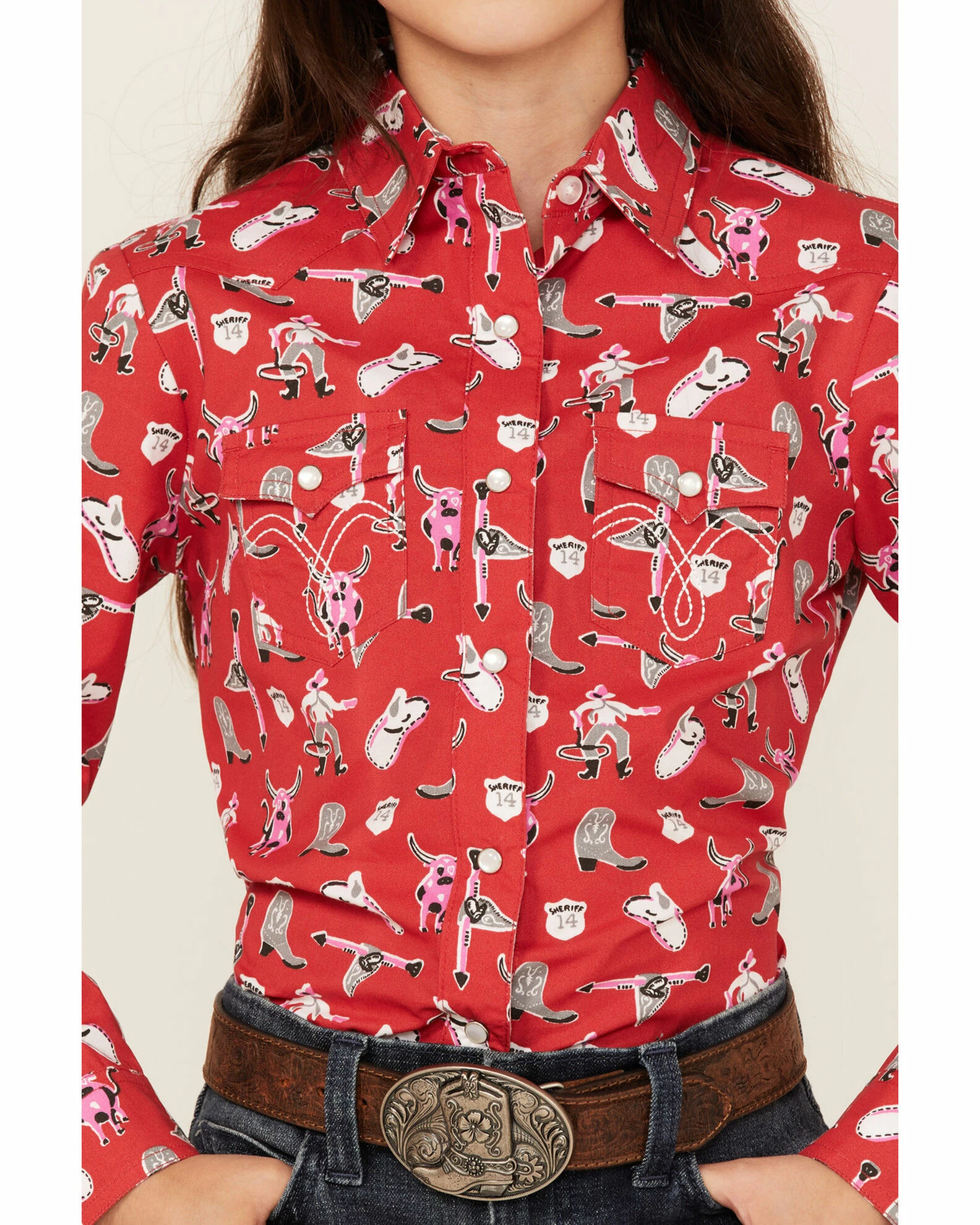 Panhandle Girls' Cowboy Steer Print Long Sleeve Western Snap Shirt Red 5 Panhandle Girls' Cowboy Steer Print Long Sleeve Western Snap Shirt Red - Image 3