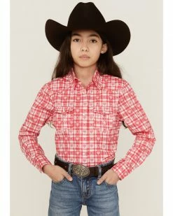 Panhandle Girls' Heart Plaid Print Long Sleeve Shirt Pink