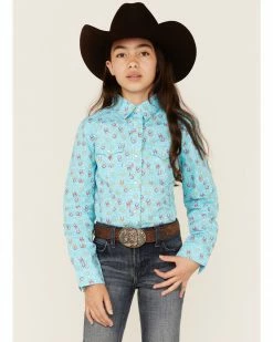 Panhandle Girls' Horseshoe & Star Print Long Sleeve Western Snap Shirt Turquoise -Panhandle shop 2000360965 440 P1 1