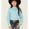 Panhandle Girls' Horseshoe & Star Print Long Sleeve Western Snap Shirt Turquoise -Panhandle shop 2000360965 440 P1