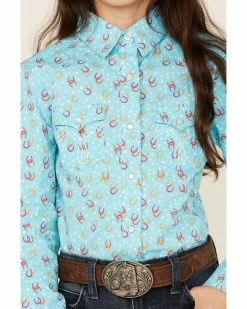 Panhandle Girls' Horseshoe & Star Print Long Sleeve Western Snap Shirt Turquoise -Panhandle shop 2000360965 440 P3