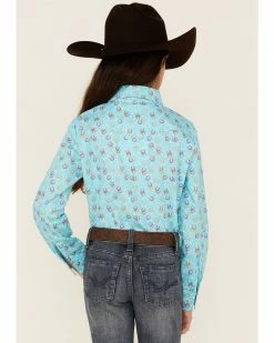 Panhandle Girls' Horseshoe & Star Print Long Sleeve Western Snap Shirt Turquoise -Panhandle shop 2000360965 440 P4