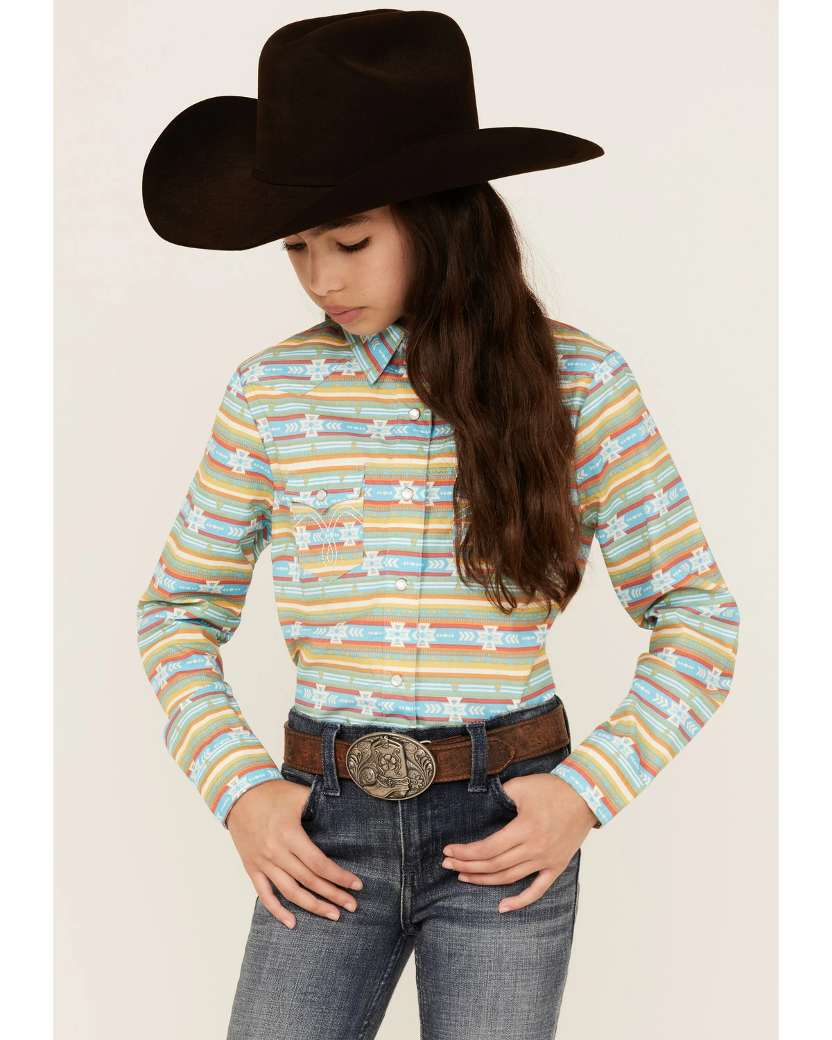 Panhandle Girls' Southwestern Stripe Print Long Sleeve Western Snap Shirt Turquoise 7 Panhandle Girls' Southwestern Stripe Print Long Sleeve Western Snap Shirt Turquoise - Image 5