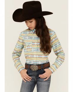 Panhandle Girls' Southwestern Stripe Print Long Sleeve Western Snap Shirt Turquoise