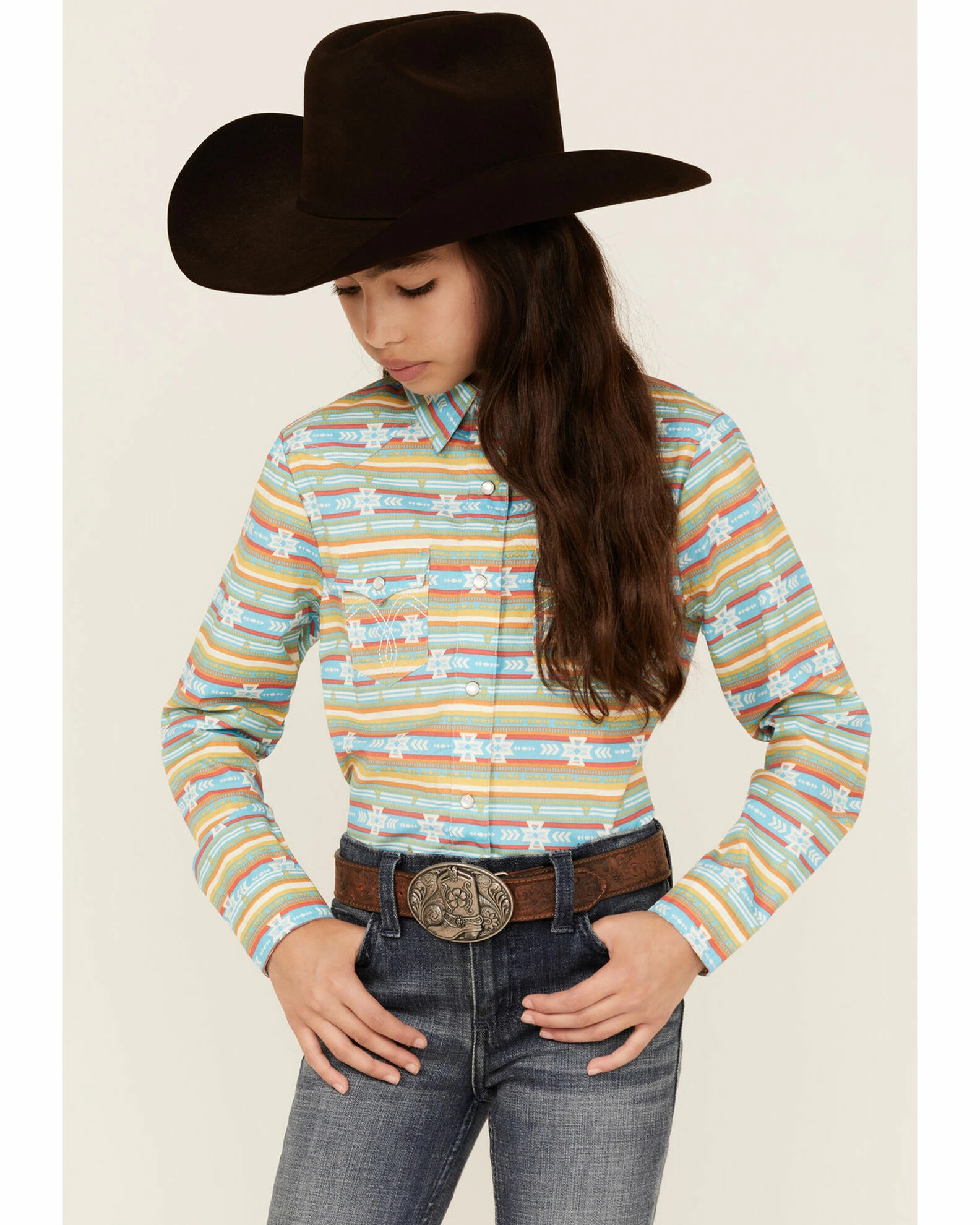 Panhandle Girls' Southwestern Stripe Print Long Sleeve Western Snap Shirt Turquoise 3 Panhandle Girls' Southwestern Stripe Print Long Sleeve Western Snap Shirt Turquoise