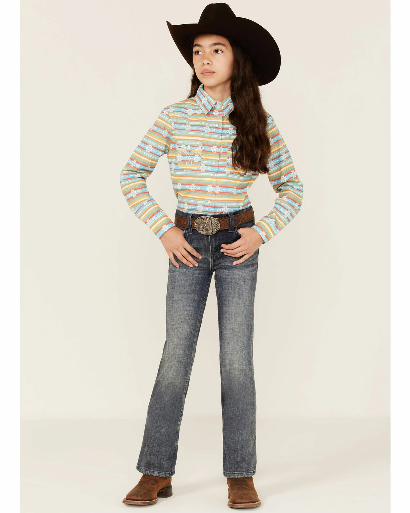 Panhandle Girls' Southwestern Stripe Print Long Sleeve Western Snap Shirt Turquoise 4 Panhandle Girls' Southwestern Stripe Print Long Sleeve Western Snap Shirt Turquoise - Image 2