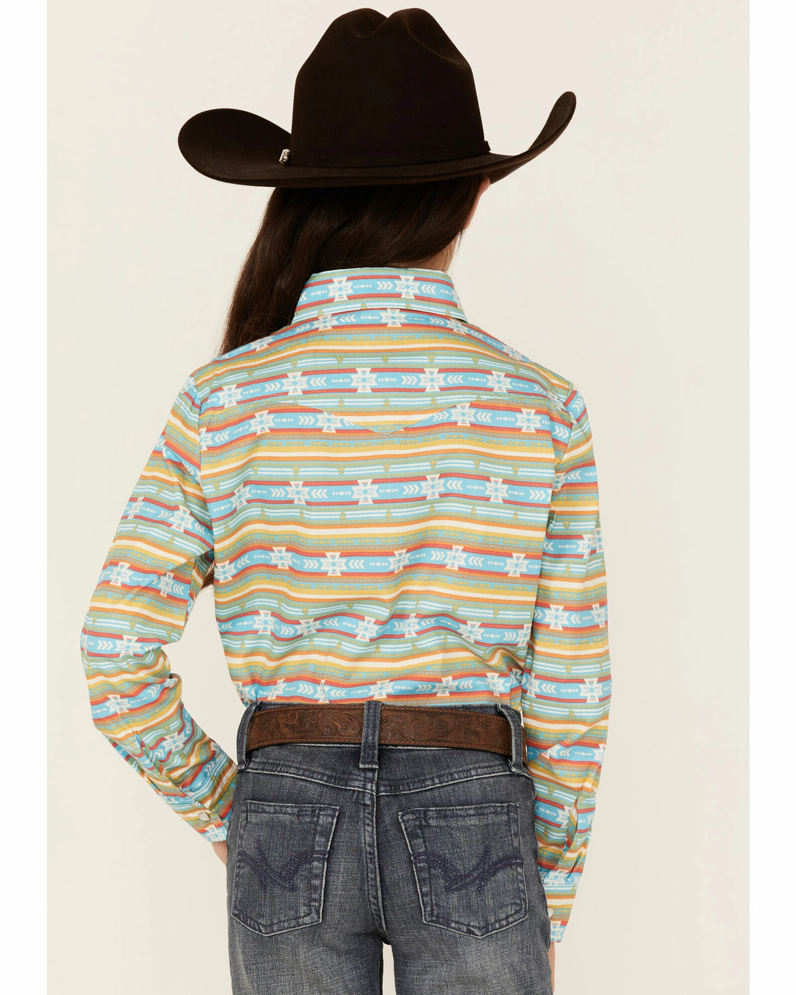 Panhandle Girls' Southwestern Stripe Print Long Sleeve Western Snap Shirt Turquoise 6 Panhandle Girls' Southwestern Stripe Print Long Sleeve Western Snap Shirt Turquoise - Image 4