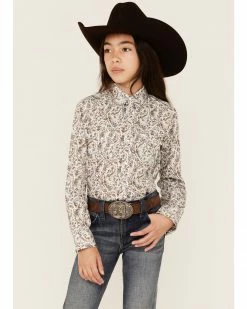 Panhandle Girls' Distressed Paisley Print Long Sleeve Western Snap Shirt White 11 Panhandle Girls' Distressed Paisley Print Long Sleeve Western Snap Shirt White -Panhandle shop 2000360967 100 P1 1