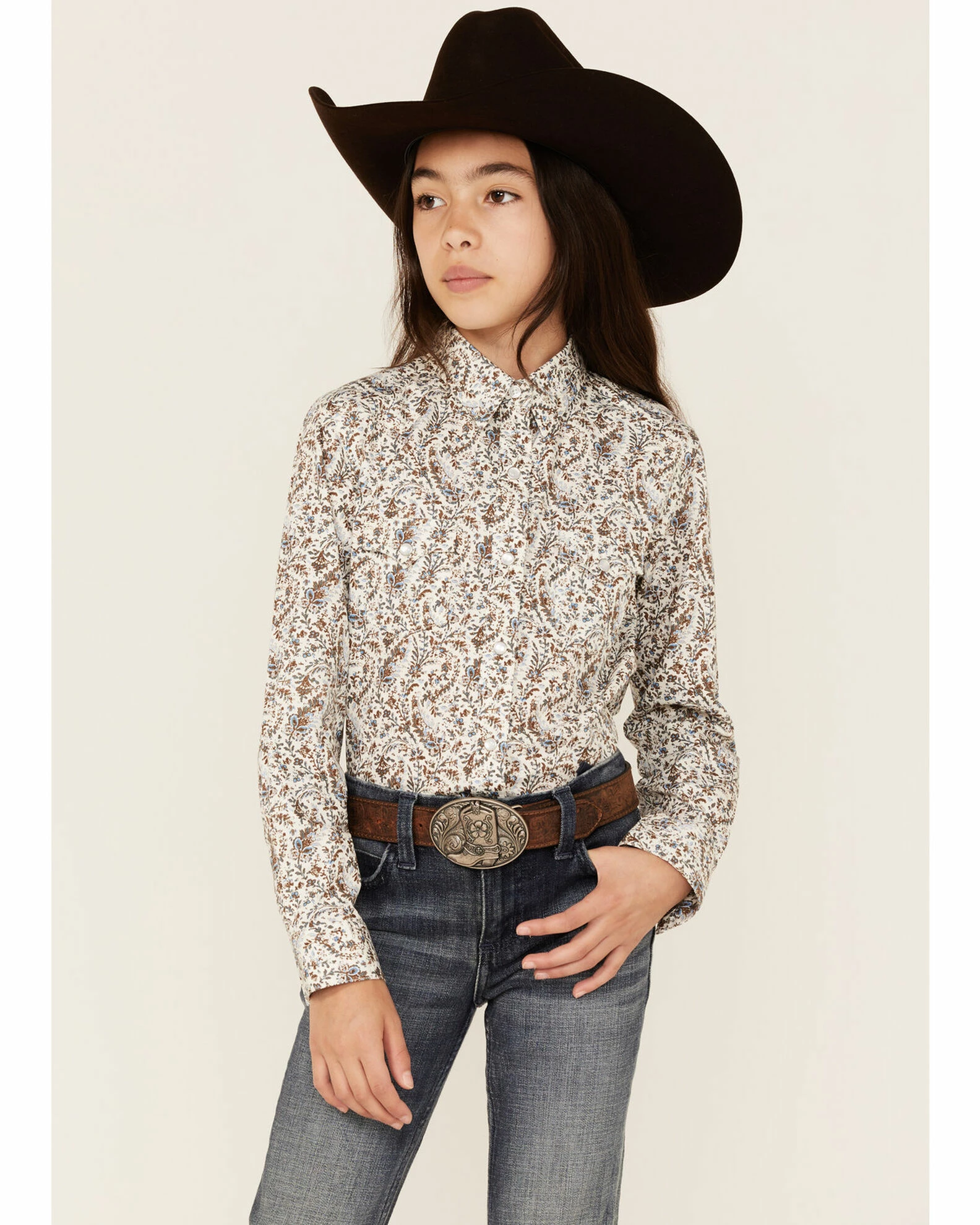 Panhandle Girls' Distressed Paisley Print Long Sleeve Western Snap Shirt White 3 Panhandle Girls' Distressed Paisley Print Long Sleeve Western Snap Shirt White