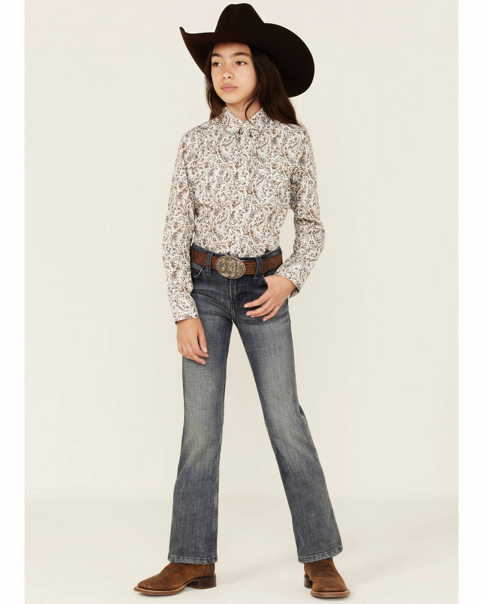 Panhandle Girls' Distressed Paisley Print Long Sleeve Western Snap Shirt White 4 Panhandle Girls' Distressed Paisley Print Long Sleeve Western Snap Shirt White - Image 2