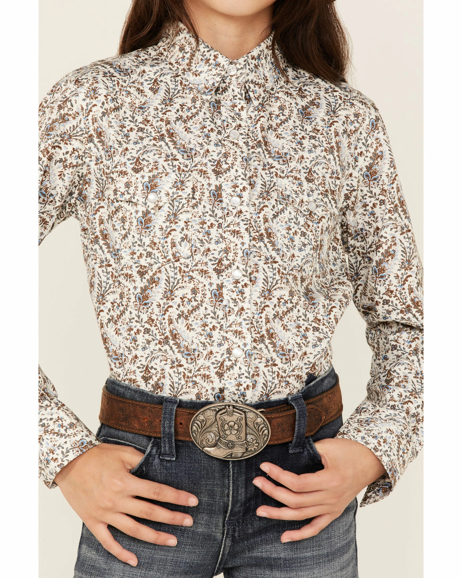 Panhandle Girls' Distressed Paisley Print Long Sleeve Western Snap Shirt White 5 Panhandle Girls' Distressed Paisley Print Long Sleeve Western Snap Shirt White - Image 3