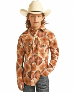 Panhandle Women's Southwestern Long Sleeve Snap Western Shirt For Boys' Orange