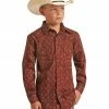 Panhandle Boys' Medallion Print Rust & Orange Long Sleeve Snap Shirt Rust Copper