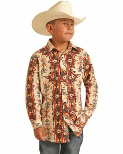 Panhandle Boys' Long Sleeve Southwestern Print Snap Shirt Tan