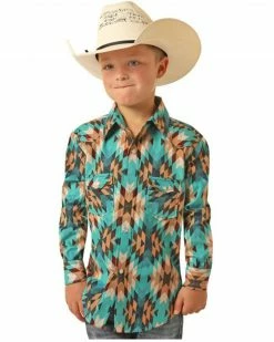 Panhandle Boys' Southwestern Geo Print Long Sleeve Western Shirt Turquoise