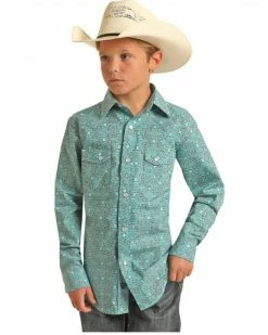 Panhandle Boys' Medallion Print Long Sleeve Western Shirt Turquoise
