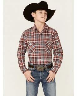 Rough Stock By Panhandle Boys' Maroon & Black Long Sleeve Snap Western Shirt 