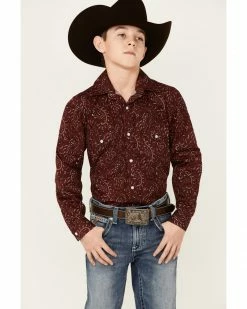 Rough Stock By Panhandle Boys' Burgundy Feather Paisley Print Long Sleeve Snap Western Shirt  -Panhandle shop 2000360978 640 P1 1