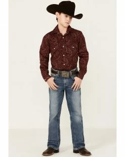 Rough Stock By Panhandle Boys' Burgundy Feather Paisley Print Long Sleeve Snap Western Shirt  -Panhandle shop 2000360978 640 P4