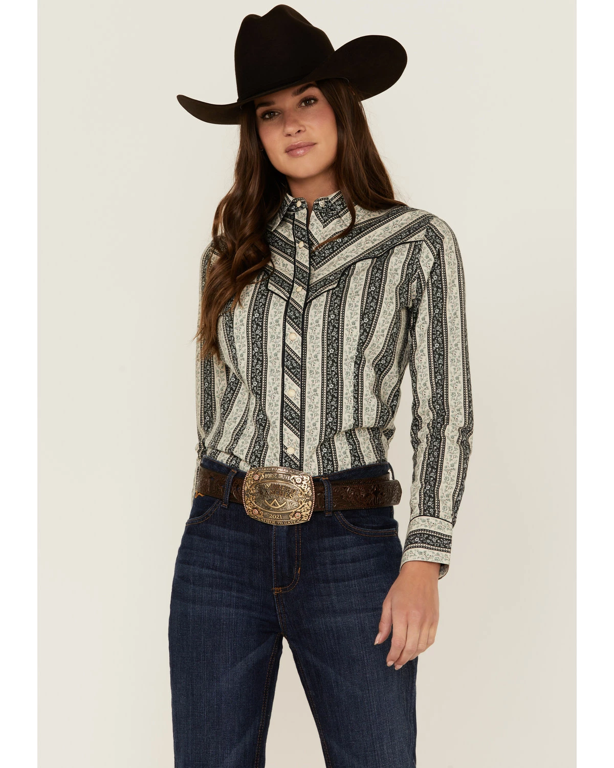 Panhandle Women's Floral Stripe Western Snap Shirt Grey 7 Panhandle Women's Floral Stripe Western Snap Shirt Grey - Image 5