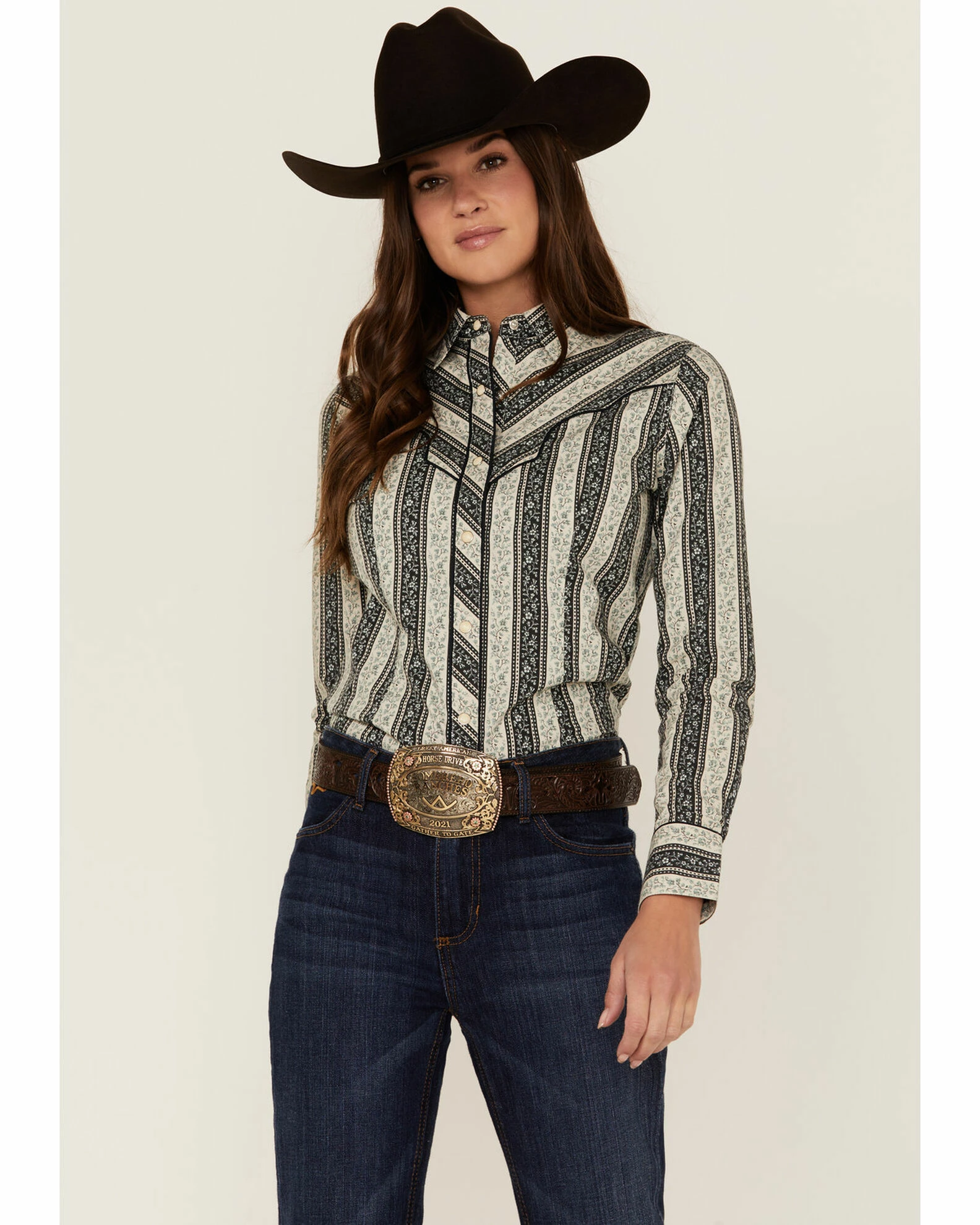 Panhandle Women's Floral Stripe Western Snap Shirt Grey 3 Panhandle Women's Floral Stripe Western Snap Shirt Grey