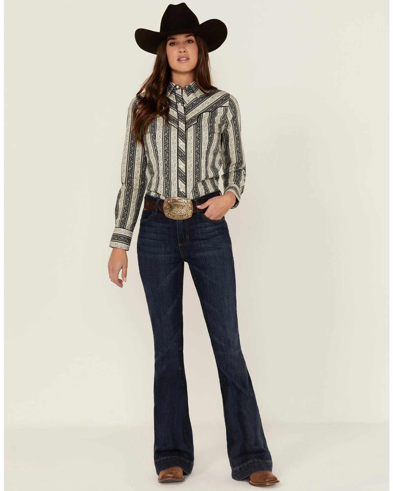 Panhandle Women's Floral Stripe Western Snap Shirt Grey 4 Panhandle Women's Floral Stripe Western Snap Shirt Grey - Image 2