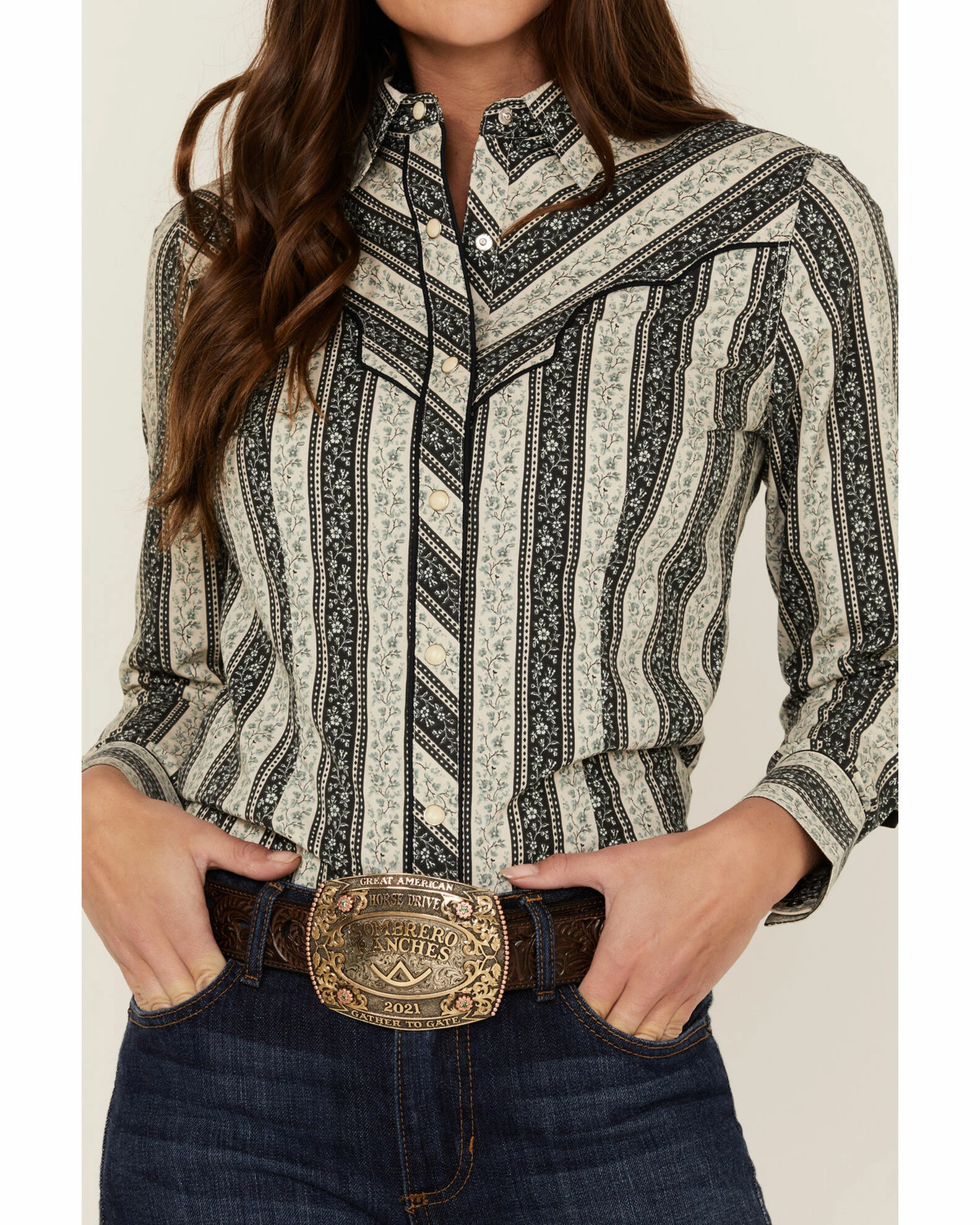 Panhandle Women's Floral Stripe Western Snap Shirt Grey 5 Panhandle Women's Floral Stripe Western Snap Shirt Grey - Image 3