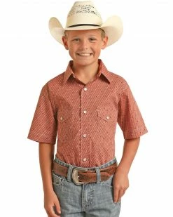 Panhandle Boys' Poplin Geo Print Short Sleeve Snap Western Shirt  Orange