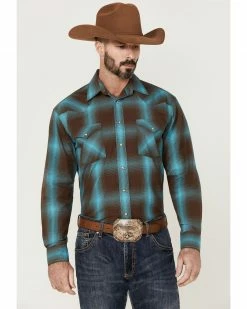 Rough Stock By Panhandle Men's Brown Large Ombre Plaid Long Sleeve Snap Western ShirtÂ