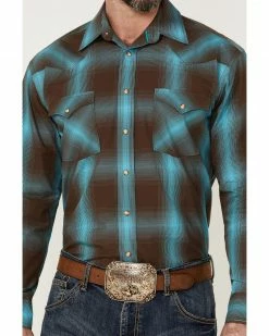 Rough Stock By Panhandle Men's Brown Large Ombre Plaid Long Sleeve Snap Western Shirt  -Panhandle shop 2000361586 200 P3
