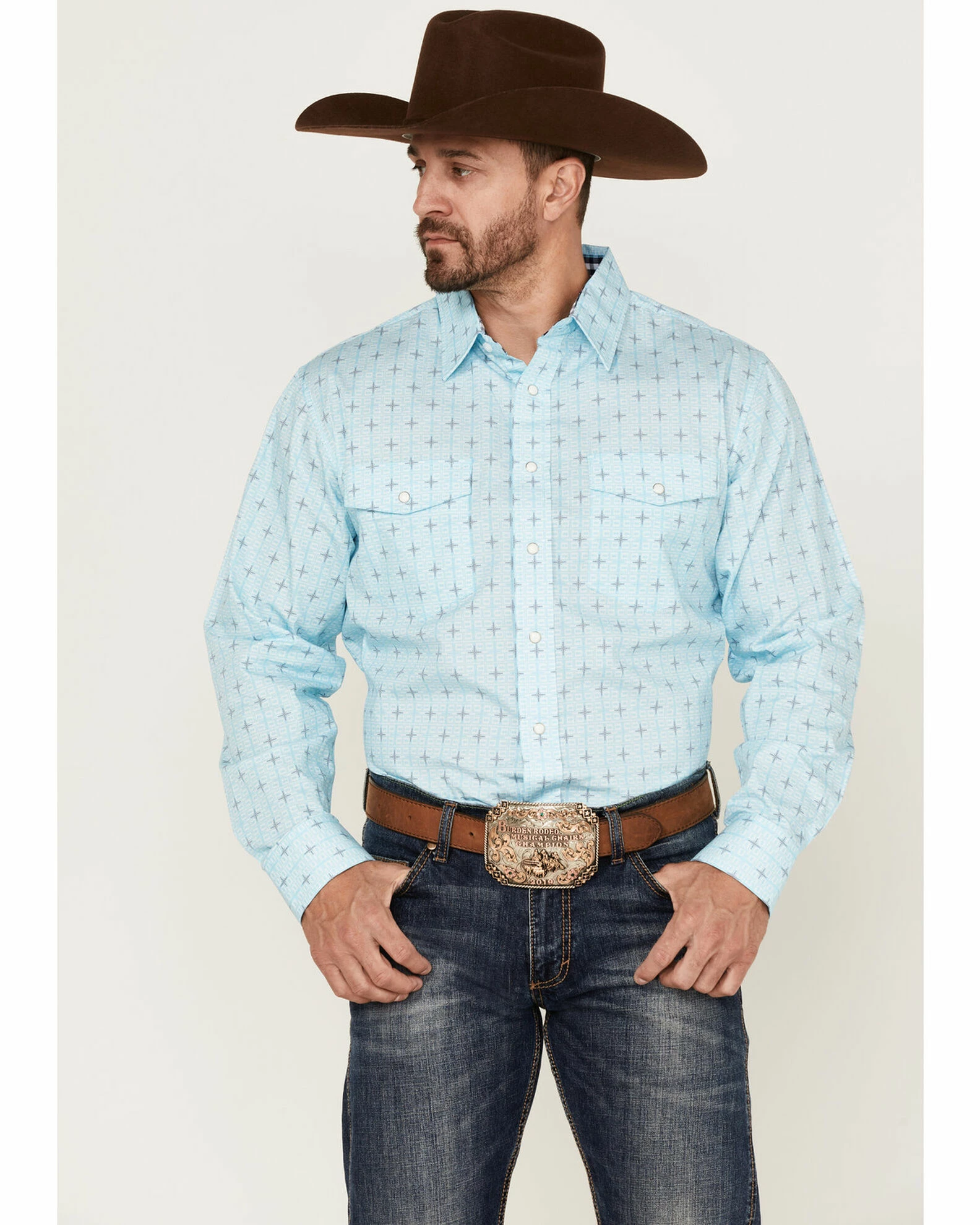 Panhandle Select Men's Cross Geo Print Long Sleeve Snap Western Shirt Light Blue 3 Panhandle Select Men's Cross Geo Print Long Sleeve Snap Western Shirt Light Blue