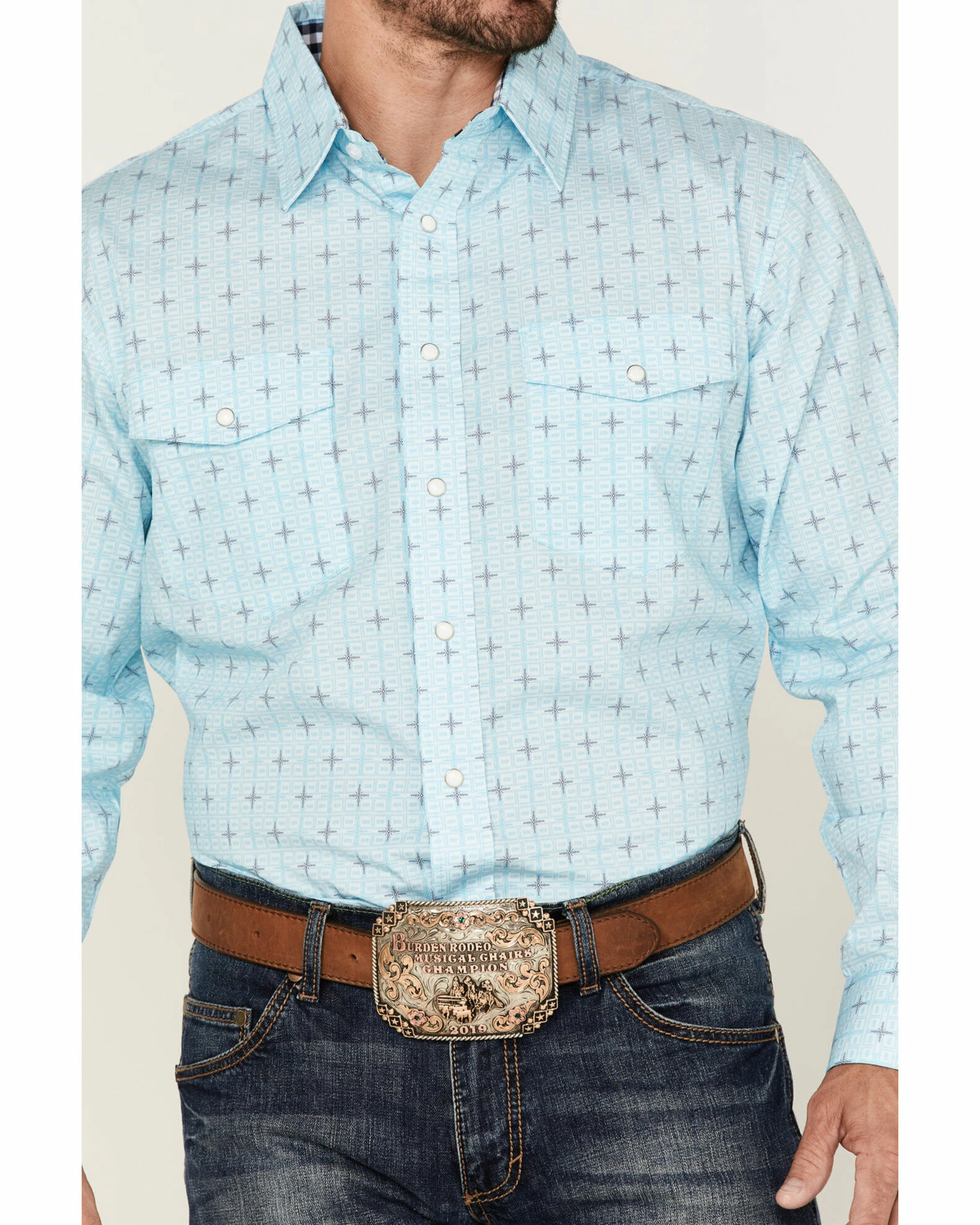 Panhandle Select Men's Cross Geo Print Long Sleeve Snap Western Shirt Light Blue 5 Panhandle Select Men's Cross Geo Print Long Sleeve Snap Western Shirt Light Blue - Image 3
