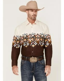 Panhandle Men's Southwestern Horseshoe Border Print Long Sleeve Snap Western Shirt  Natural -Panhandle shop 2000367831 101 P1 1