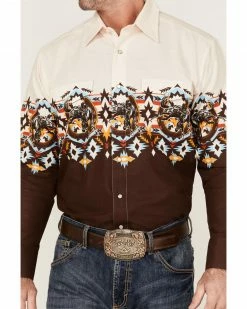 Panhandle Men's Southwestern Horseshoe Border Print Long Sleeve Snap Western Shirt  Natural -Panhandle shop 2000367831 101 P3