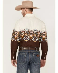 Panhandle Men's Southwestern Horseshoe Border Print Long Sleeve Snap Western Shirt  Natural -Panhandle shop 2000367831 101 P4