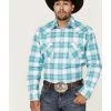 Rough Stock By Panhandle Men's Stretch Ombre Plaid Long Sleeve Snap Western Shirt  Aqua -Panhandle shop 2000367846 441 P1