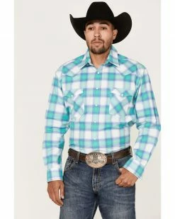 Rough Stock By Panhandle Men's Stretch Ombre Plaid Long Sleeve Snap Western Shirt Aqua