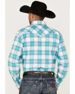 Rough Stock By Panhandle Men's Stretch Ombre Plaid Long Sleeve Snap Western Shirt  Aqua -Panhandle shop 2000367846 441 P4