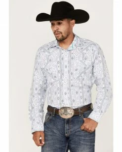 Rough Stock By Panhandle Men's Southwestern Dot Print Long Sleeve Snap Western Shirt Royal Blue