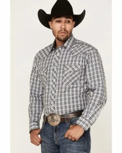 Rough Stock By Panhandle Men's Dobby Small Plaid Long Sleeve Snap Western Shirt White