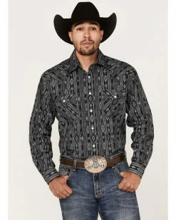 Rough Stock By Panhandle Men's Southwestern Dot Print Long Sleeve Snap Western Shirt  Black