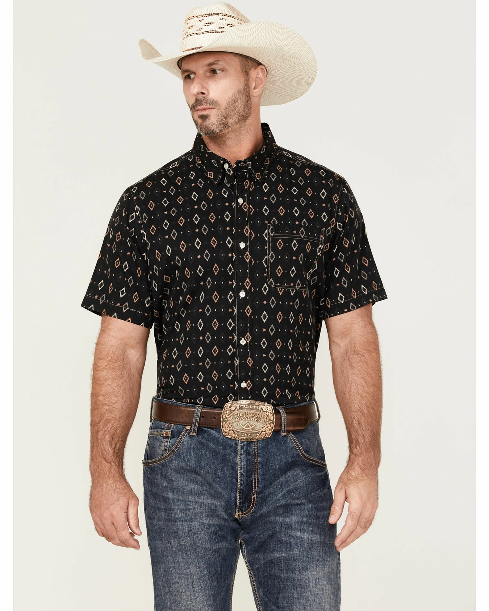 Panhandle Men's Performance Southwestern Diamond Print Short Sleeve Button-Down Western Shirt 3 Panhandle Men's Performance Southwestern Diamond Print Short Sleeve Button-Down Western Shirt