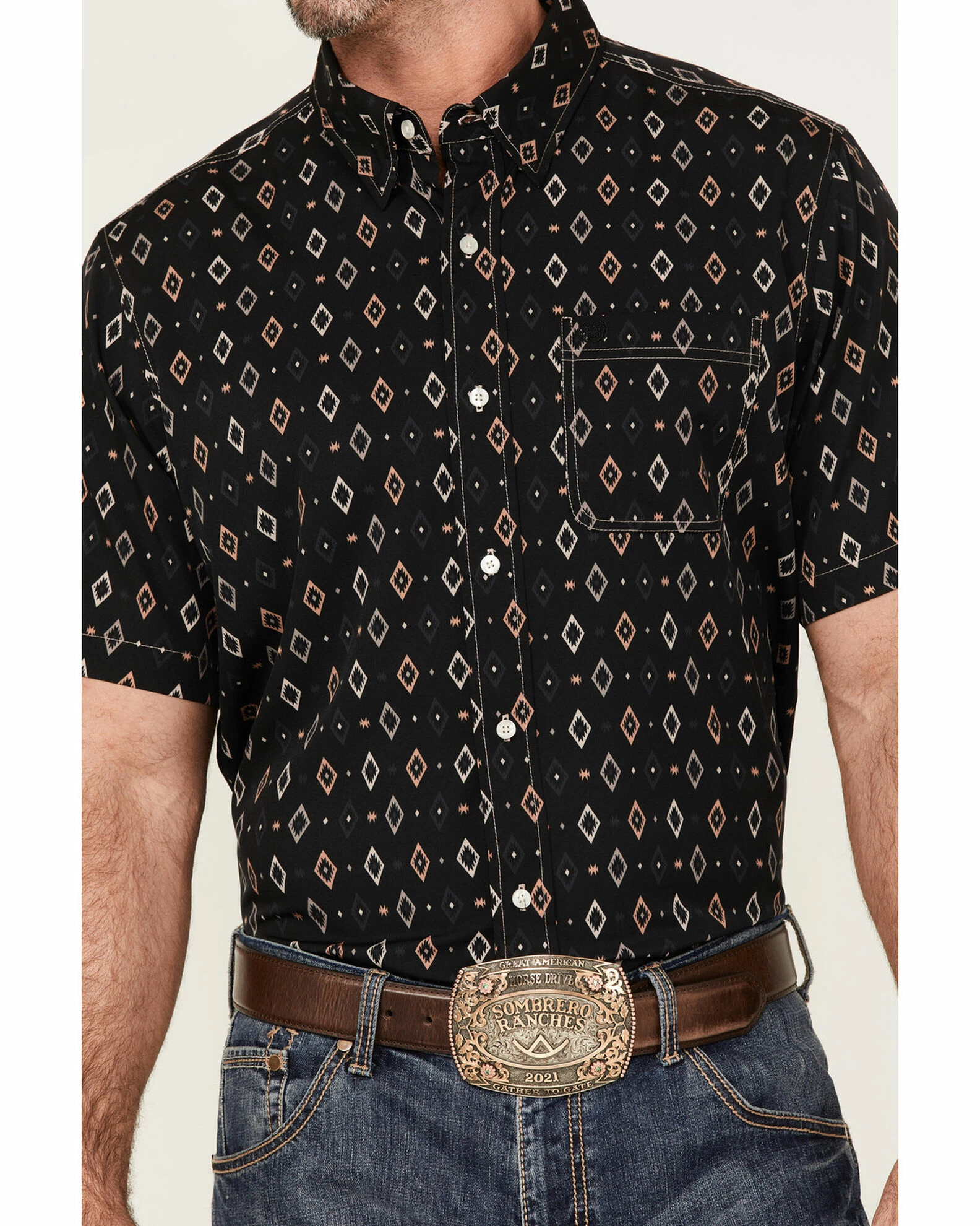 Panhandle Men's Performance Southwestern Diamond Print Short Sleeve Button-Down Western Shirt 5 Panhandle Men's Performance Southwestern Diamond Print Short Sleeve Button-Down Western Shirt - Image 3
