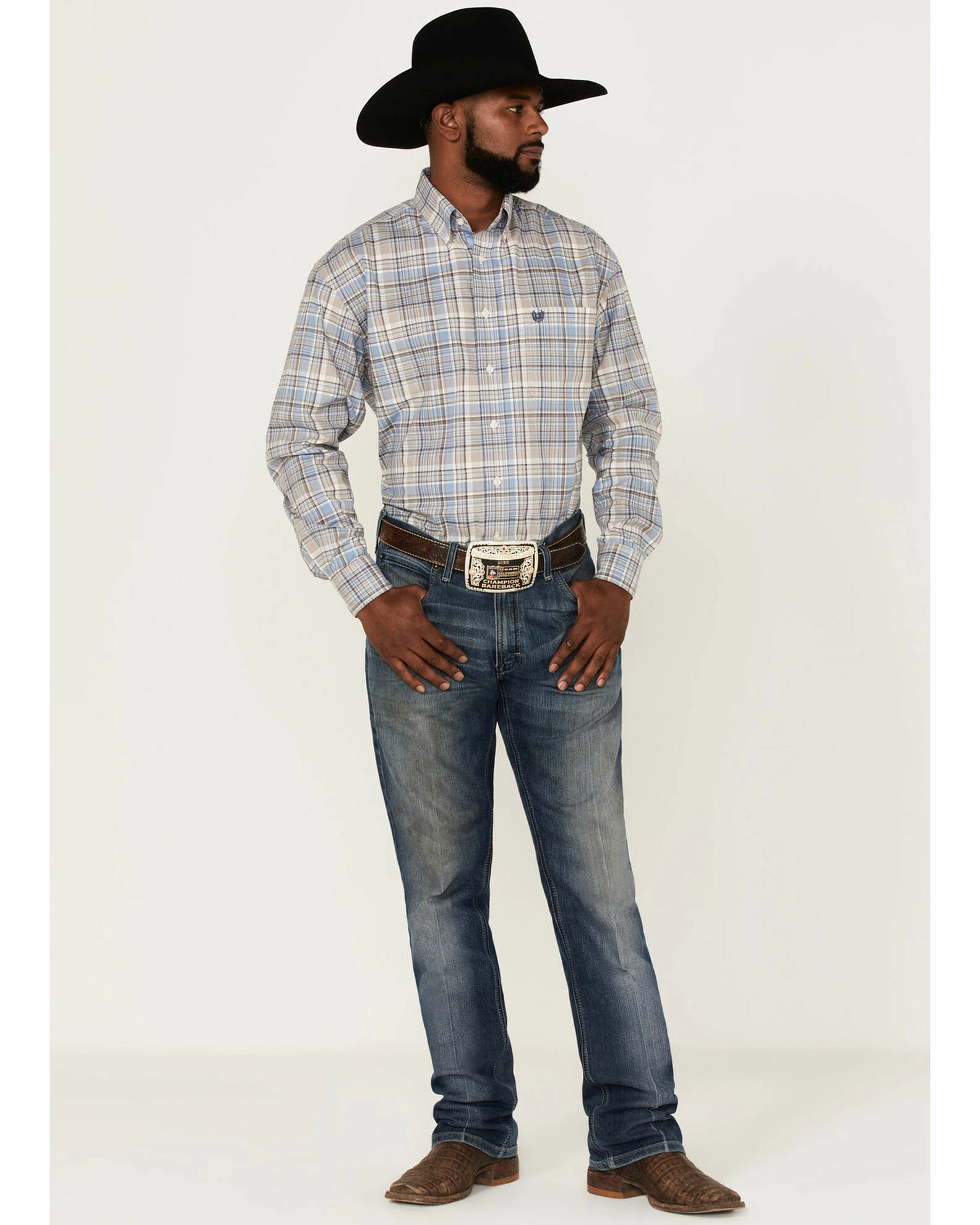 Panhandle Men's Medium Plaid Long Sleeve Button-Down Shirt Blue 4 Panhandle Men's Medium Plaid Long Sleeve Button-Down Shirt Blue - Image 2