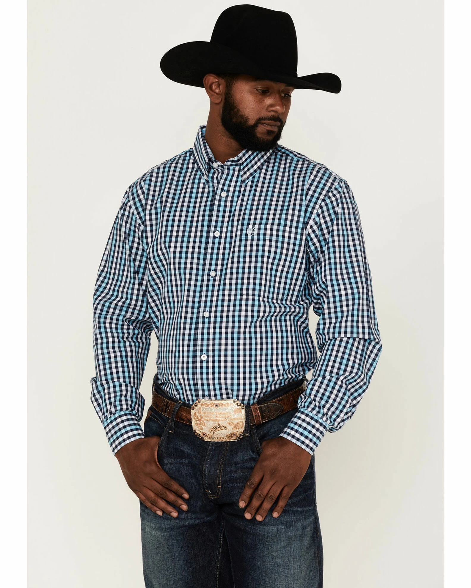 Panhandle Select Men's Check Plaid Long Sleeve Button-Down Western Shirt Blue 3 Panhandle Select Men's Check Plaid Long Sleeve Button-Down Western Shirt Blue