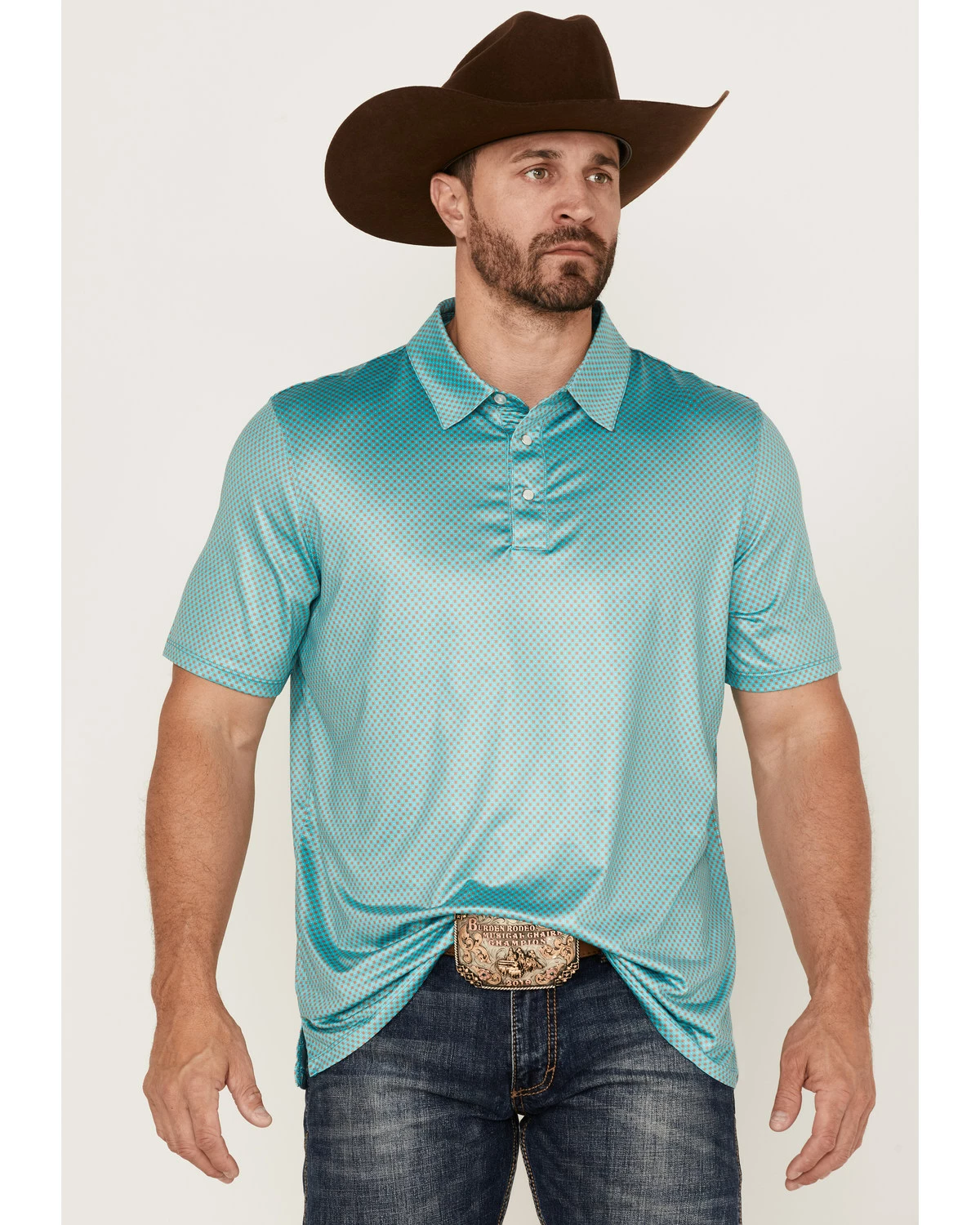 Panhandle Men's Performance Teal Geo Print Short Sleeve Snap Polo Shirt 7 Panhandle Men's Performance Teal Geo Print Short Sleeve Snap Polo Shirt - Image 5