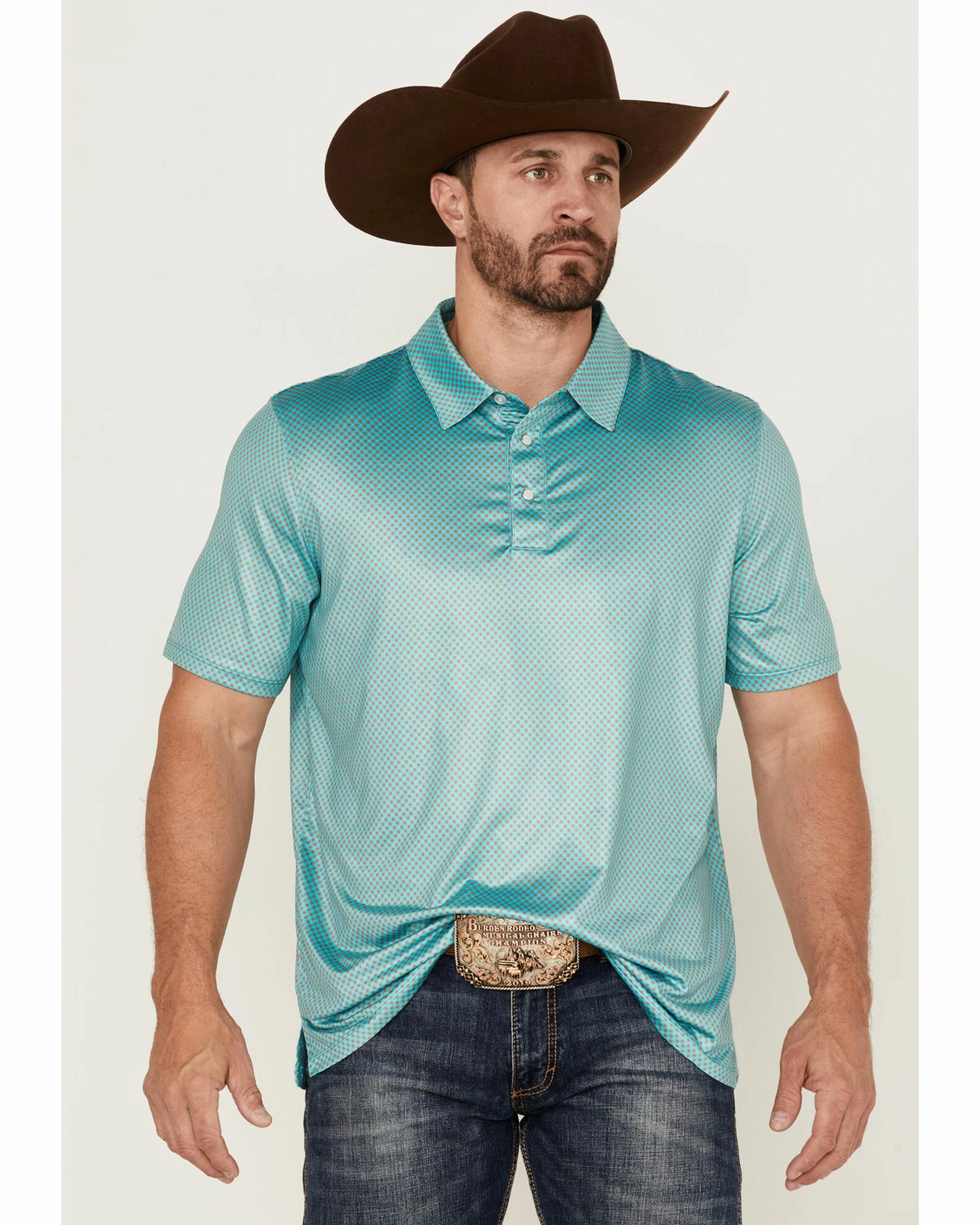 Panhandle Men's Performance Teal Geo Print Short Sleeve Snap Polo Shirt 3 Panhandle Men's Performance Teal Geo Print Short Sleeve Snap Polo Shirt